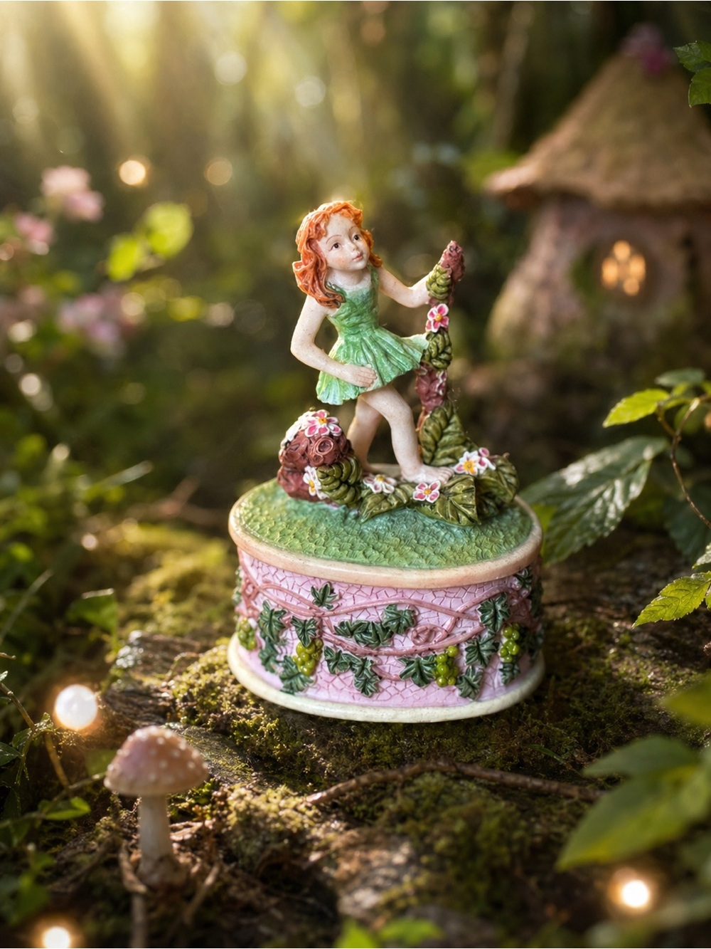Whimsical Fairy Trinket Ring Small Keepsake Box with Green and Pink Accents
